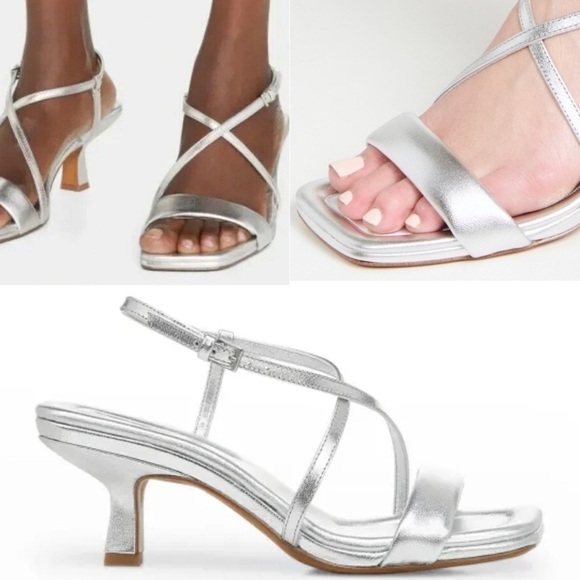 Vince Cottin Sandals Metallic Silver Leather Kitten-Heel‎ Sandals Size 7.5 - Picture 1 of 11